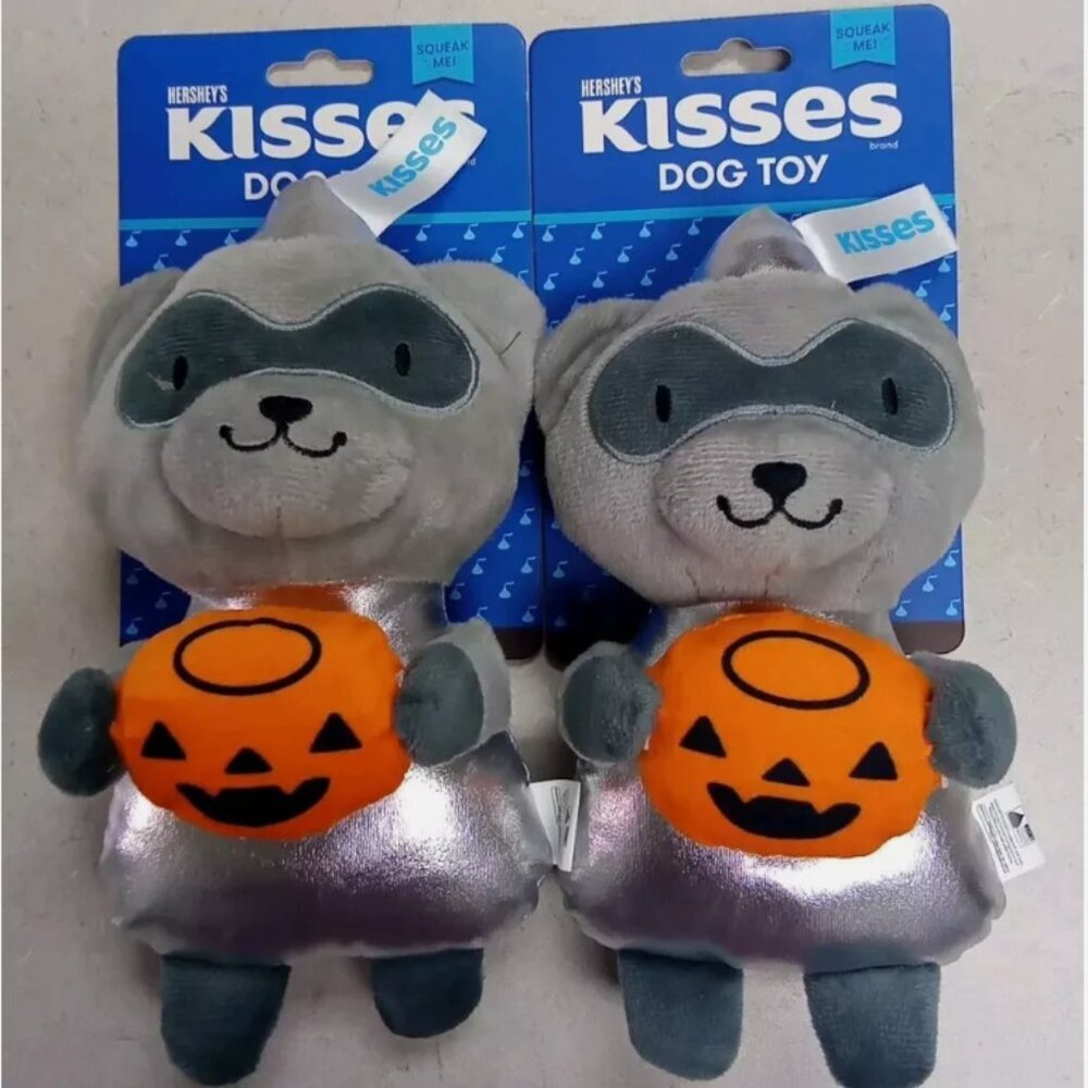 2 Hershey's Kisses Raccoon Stuffed Plush Squeaky Dog Toy 8 inch Silver